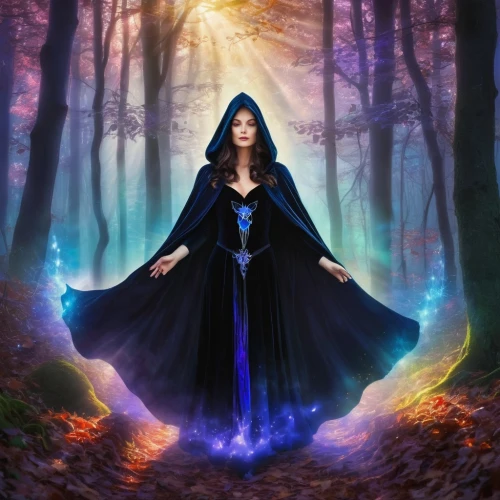 sorceress,blue enchantress,fantasy picture,the enchantress,priestess,fantasy art,fantasy woman,faerie,mystical portrait of a girl,cloak,gothic woman,the mystical path,fantasy portrait,the witch,celtic woman,divination,celebration of witches,rusalka,queen of the night,maiden,Illustration,Realistic Fantasy,Realistic Fantasy 20