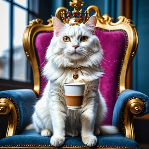 cat coffee,tea party cat,cat drinking tea,napoleon cat,royal,regal,emperor,royalty,monarchy,royal crown,aristocrat,royal tiger,macchiato,king caudata,the throne,throne,café au lait,imperial crown,king crown,grand duke,Photography,General,Realistic