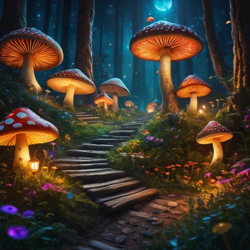 mushroom landscape,fairy forest,fairytale forest,forest mushrooms,toadstools,fairy village,forest floor,fairy world,enchanted forest,mushroom island,mushrooms,cartoon forest,forest mushroom,elven forest,forest of dreams,fairy lanterns,forest path,3d fantasy,fantasy picture,wonderland,Photography,General,Fantasy