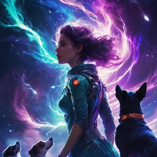 nebula guardian,constellation wolf,sci fiction illustration,girl with dog,cg artwork,space art,luna,ursa,fantasy picture,companion dog,the stars,nebula,guardians of the galaxy,andromeda,the moon and the stars,astral traveler,fantasy portrait,galaxy,astro,star mother,Conceptual Art,Sci-Fi,Sci-Fi 30