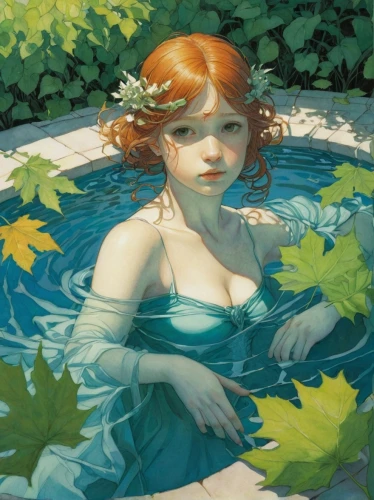 water nymph,girl in the garden,poison ivy,lilly pond,rusalka,water forget me not,summer crown,flora,pool,swim ring,woman at the well,the blonde in the river,siren,bathing,lilly of the valley,ivy,pool water,pool of water,swimming pool,water-the sword lily,Illustration,Realistic Fantasy,Realistic Fantasy 04