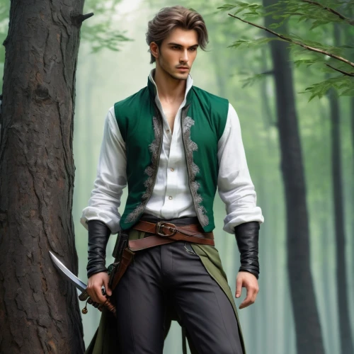 robin hood,male character,farmer in the woods,solo,male elf,green jacket,fantasy picture,cg artwork,the wanderer,jack rose,fairy tale character,musketeer,forest man,heroic fantasy,konstantin bow,leonardo devinci,bolero jacket,star-lord peter jason quill,main character,fable,Illustration,Paper based,Paper Based 11