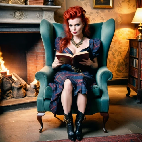 bookworm,reading,wing chair,librarian,david bowie,maureen o'hara - female,the gramophone,transistor,redhair,vanity fair,armchair,sitting on a chair,redhead doll,red-haired,rockabilly style,read a book,retro woman,pin ups,relaxing reading,women's novels,Photography,General,Cinematic