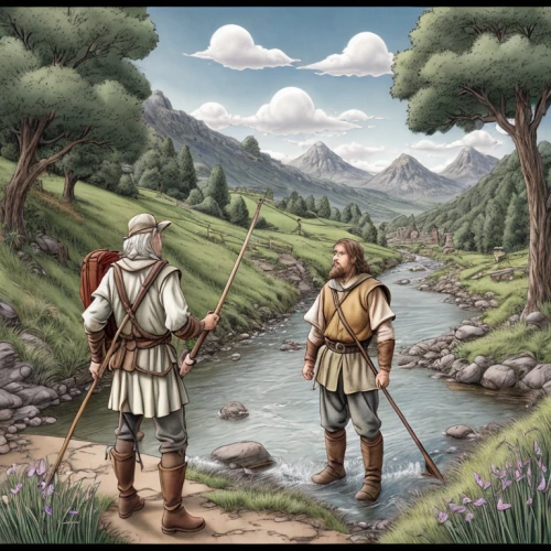 biblical narrative characters,guards of the canyon,germanic tribes,pilgrims,forest workers,game illustration,east-european shepherd,shepherds,hunting scene,shepherd romance,mountain spring,khokhloma painting,salt meadow landscape,mountain scene,monks,druid grove,jordan river,foragers,heroic fantasy,low water crossing