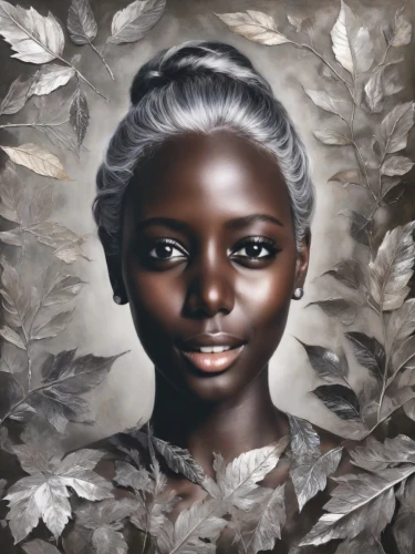 african woman,african american woman,girl in a wreath,black skin,black woman,silversmith,oil painting on canvas,afro-american,portrait background,linden blossom,nigeria woman,afro american,african art,afro american girls,mystical portrait of a girl,fantasy portrait,silver,beautiful african american women,cloves schwindl inge,silvery