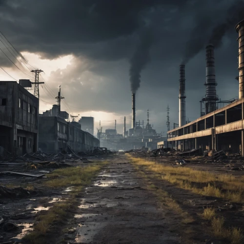 post-apocalyptic landscape,industrial landscape,post apocalyptic,post-apocalypse,refinery,chemical plant,wasteland,environmental destruction,industrial ruin,destroyed city,the pollution,factories,apocalyptic,industrial,industrial smoke,pollution,desolate,environmental pollution,pripyat,desolation,Photography,General,Realistic