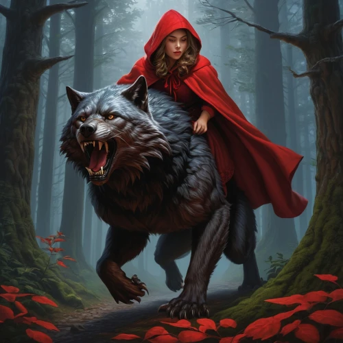 red riding hood,little red riding hood,red coat,red cape,red wolf,howling wolf,forest king lion,red,fantasy picture,the fur red,red chief,european wolf,she feeds the lion,transylvanian hound,fantasy art,red tunic,blood hound,girl with dog,black shepherd,heroic fantasy,Illustration,Realistic Fantasy,Realistic Fantasy 27