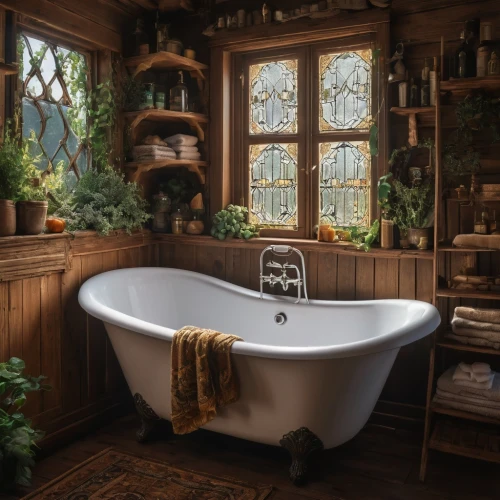 hobbiton,bathtub,luxury bathroom,country cottage,bath,tub,rustic,bath accessories,bathtub accessory,wooden windows,the girl in the bathtub,victorian style,bathroom,wood window,victorian kitchen,log home,potter's wheel,victorian,stone sink,washbasin,Photography,General,Fantasy