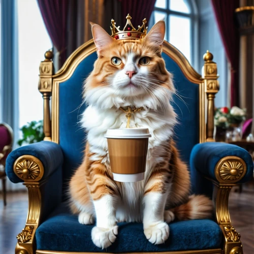 napoleon cat,tea party cat,cat coffee,cat drinking tea,emperor,regal,king caudata,royal,royal crown,king crown,the throne,monarchy,royalty,grand duke,royal tiger,throne,capuchino,macchiato,king,content is king,Photography,General,Realistic