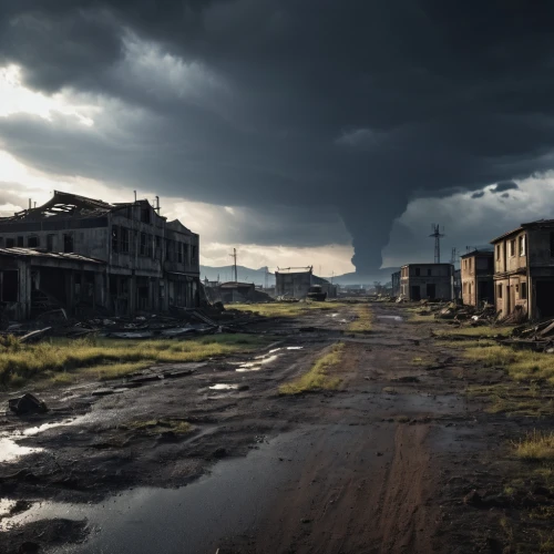 post-apocalyptic landscape,post apocalyptic,tornado,apocalyptic,post-apocalypse,wasteland,apocalypse,destroyed city,eastern ukraine,nature's wrath,environmental destruction,district 9,cuba background,destroyed houses,pripyat,fallout4,desolate,scythe,the end of the world,hurricane katrina,Photography,General,Realistic