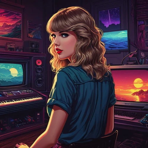 girl at the computer,vector illustration,80s,retro background,synthesizers,vector art,spotify icon,retro girl,retro woman,synthesizer,1980's,piano,pianist,retro music,retro,retro styled,tayberry,pixel art,computer art,the fan's background,Illustration,Realistic Fantasy,Realistic Fantasy 25