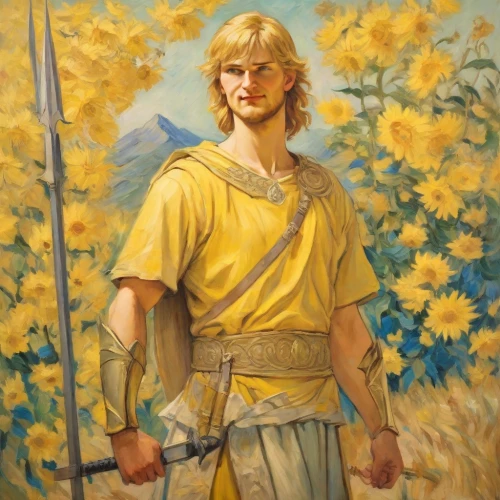 htt pléthore,angel moroni,augustus,helios,alexander,thracian,khokhloma painting,golden flowers,king arthur,el capitan,melchior,daniel,joshua,perseus,east-european shepherd,torch-bearer,aurora yellow,king david,the good shepherd,the order of the fields,Digital Art,Classicism