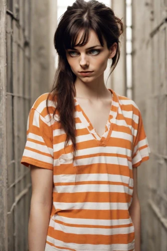 prisoner,drug rehabilitation,horizontal stripes,girl in t-shirt,striped background,isolated t-shirt,photo session in torn clothes,depressed woman,violence against women,detention,prison,lori,offenses,scared woman,anxiety disorder,woman holding gun,torn shirt,women clothes,arbitrary confinement,female hollywood actress,Photography,Natural