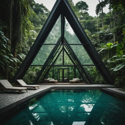 tropical house,pool house,ubud,glass pyramid,tropical jungle,cabana,mirror house,tropical greens,roof landscape,costa rica,landscape designers sydney,glass roof,rainforest,tree house hotel,belize,jungle,roof domes,rain forest,geometric style,tropics,Photography,General,Fantasy
