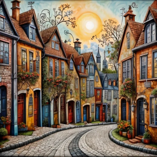 medieval street,the cobbled streets,delft,houses clipart,townhouses,medieval town,escher village,row houses,montmartre,aurora village,half-timbered houses,row of houses,honfleur,cobblestones,old linden alley,art painting,townscape,wooden houses,village street,knight village