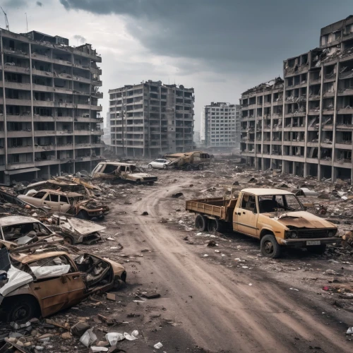 post-apocalyptic landscape,destroyed city,post apocalyptic,post-apocalypse,luxury decay,kowloon city,eastern ukraine,car cemetery,environmental destruction,apocalyptic,demolition,scrapyard,building rubble,stalingrad,pripyat,destroyed houses,hashima,demolition work,wasteland,dystopian,Photography,General,Realistic