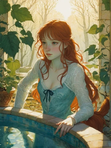 merida,rusalka,girl in the garden,rapunzel,fantasy portrait,cinderella,fae,rosa ' amber cover,idyll,fairy tale character,woman at the well,girl on the river,nami,fantasia,flora,art nouveau,ivy,poison ivy,the blonde in the river,water nymph,Illustration,Realistic Fantasy,Realistic Fantasy 04