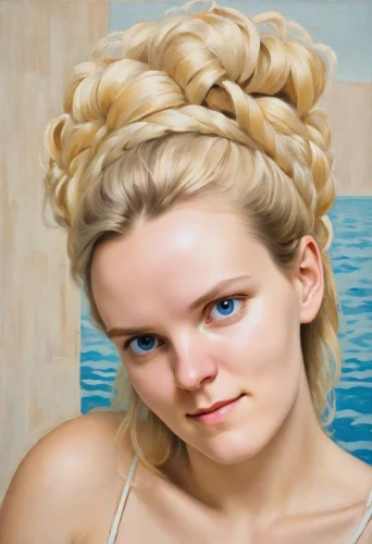 oil painting,oil painting on canvas,blonde woman,french braid,portrait of a girl,oil on canvas,updo,photo painting,art painting,oil paint,girl portrait,painting technique,meticulous painting,artificial hair integrations,girl-in-pop-art,the blonde in the river,braiding,young woman,bouffant,blue jasmine,Digital Art,Classicism
