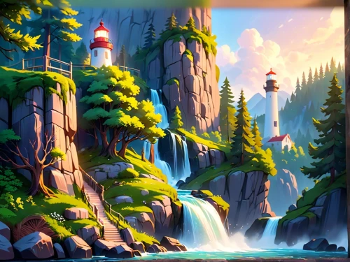 tower fall,waterfall,ash falls,waterfalls,falls of the cliff,cartoon video game background,water falls,fantasy landscape,landscape background,cartoon forest,futuristic landscape,wasserfall,brown waterfall,ilse falls,backgrounds,mountain scene,river pines,a small waterfall,water fall,falls,Anime,Anime,Cartoon