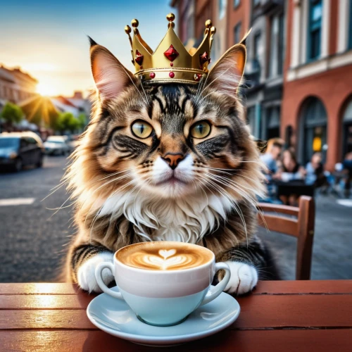 cat coffee,tea party cat,cat drinking tea,crowned goura,cat's cafe,cat european,king caudata,street cat,cat sparrow,king crown,crowned,napoleon cat,golden crown,royal crown,cat image,content is king,maincoon,queen crown,royalty,heart with crown,Photography,General,Realistic