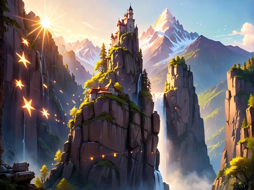 fantasy landscape,mountain settlement,meteora,fairy chimney,mountain world,mountain scene,mountainous landscape,mountain sunrise,mountain landscape,elves flight,fantasy picture,summit castle,high mountains,yellow mountains,tigers nest,mountains,knight's castle,futuristic landscape,fairy tale castle,northrend,Anime,Anime,Cartoon