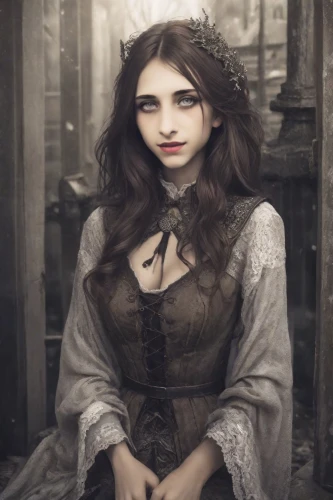victorian lady,gothic woman,gothic portrait,vampire woman,vampire lady,victorian style,fairy tale character,porcelain doll,miss circassian,mystical portrait of a girl,gothic style,celtic queen,gothic fashion,the enchantress,primrose,fantasy portrait,jessamine,old elisabeth,white rose snow queen,gothic,Photography,Realistic