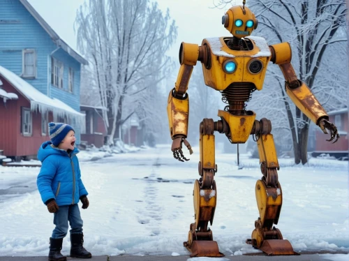 minibot,bot,dad and son outside,robotics,bumblebee,robots,robot,cinema 4d,bot training,transformer,c-3po,mech,autonomous,b3d,yellow and blue,artificial intelligence,mecha,digital compositing,snow figures,soft robot,Photography,General,Realistic