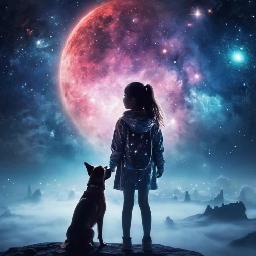 boy and dog,girl with dog,the moon and the stars,violinist violinist of the moon,moon and star background,luna,moon and star,astronomer,fantasy picture,photomanipulation,the little girl,howl,lunar,lost in space,dream world,universe,constellation wolf,moon walk,astronomical,celestial bodies,Conceptual Art,Sci-Fi,Sci-Fi 30