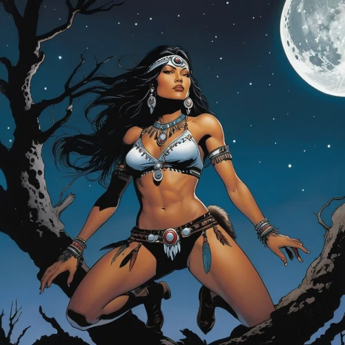 warrior woman,fantasy woman,huntress,wonderwoman,wonder woman,the enchantress,female warrior,wonder woman city,birds of prey-night,voodoo woman,polynesian girl,sorceress,goddess of justice,celtic queen,cave girl,the american indian,amazone,american indian,queen of the night,heroic fantasy,Illustration,American Style,American Style 06