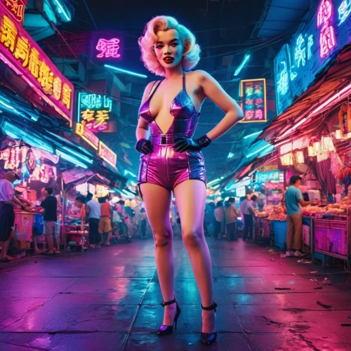 bangkok,retro woman,cyberpunk,neo-burlesque,retro girl,neon cocktails,80s,retro diner,femme fatale,marylyn monroe - female,neon lights,neon light,hk,neon body painting,marilyn,shanghai,1980's,neon sign,retro women,cinema strip,Conceptual Art,Sci-Fi,Sci-Fi 27