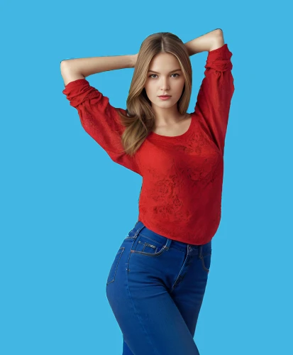 jeans background,long-sleeved t-shirt,blue background,red and blue,modeling,red-blue,gap kids,red,menswear for women,women's health,red blue wallpaper,on a red background,denim background,bluejeans,long-sleeve,red background,modelling,female model,sweater,poppy red,Female,South Africans,Straight hair,Mature,XXL,Calm
