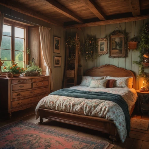 christmas room,bedroom,children's bedroom,the little girl's room,country cottage,warm and cozy,sleeping room,guestroom,log cabin,danish room,rustic,guest room,log home,small cabin,four-poster,the cabin in the mountains,canopy bed,attic,wooden beams,cabin,Photography,General,Fantasy