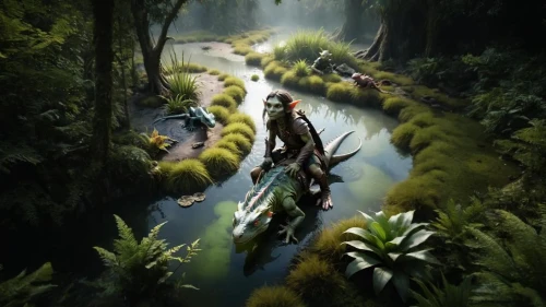 fantasy picture,elves flight,hunting scene,rain forest,3d fantasy,swamp,elven forest,jungle,tarzan,diorama,fantasy landscape,rainforest,tumpaksewu,full hd wallpaper,digital compositing,forest fish,forest workers,garden of eden,fantasy art,papua