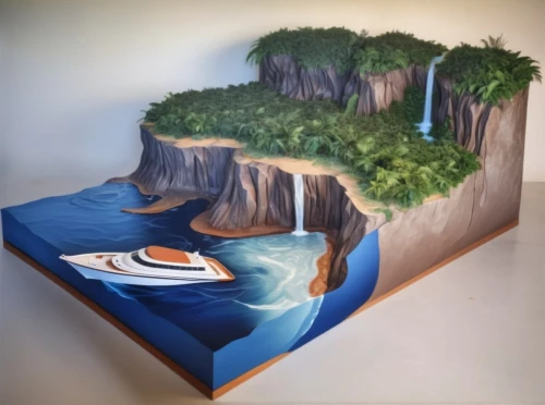 boat landscape,wood art,floating island,dugout canoe,coastal and oceanic landforms,water sofa,floating islands,3d fantasy,paper art,sea kayak,diorama,an island far away landscape,river of life project,cave on the water,wave wood,wall painting,cliffs ocean,sea landscape,environmental art,wood board,Photography,General,Realistic
