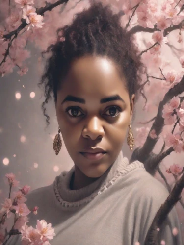 portrait background,japanese sakura background,digital painting,maria bayo,blossoming,bjork,linden blossom,sakura blossom,blossomed,blossoms,the cherry blossoms,cherry blossom,kirch blossoms,blossom,nigeria woman,cherry blossoms,digital art,girl in flowers,tiana,sakura background,Photography,Cinematic