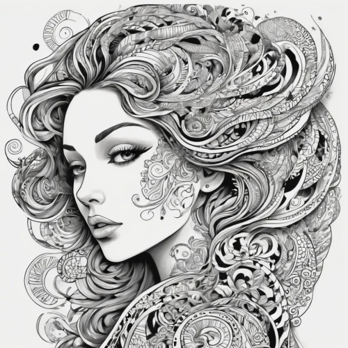 boho art,mermaid vectors,pencil drawings,pencil art,fashion illustration,art deco woman,fractals art,the zodiac sign pisces,psychedelic art,gypsy soul,gypsy hair,medusa,fashion vector,woman face,zodiac sign gemini,doily,adobe illustrator,illustrator,woman's face,filigree,Illustration,Black and White,Black and White 05