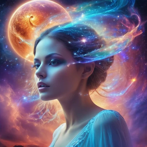 mystical portrait of a girl,astral traveler,andromeda,fantasy portrait,fantasy picture,fantasy art,zodiac sign libra,horoscope libra,sci fiction illustration,celestial,cosmos,mysticism,astronomer,divine healing energy,fantasy woman,woman thinking,the law of attraction,astral,the universe,universe,Illustration,Realistic Fantasy,Realistic Fantasy 37