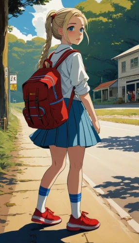 schoolgirl,darjeeling,school clothes,primary school student,school skirt,backpack,school uniform,back-to-school,school start,back to school,girl walking away,student,tsumugi kotobuki k-on,school items,recess,elementary,studio ghibli,heavy object,school starts,anime japanese clothing,Illustration,American Style,American Style 09