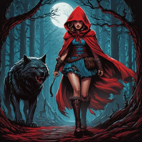 red riding hood,little red riding hood,red cape,red coat,howling wolf,red hood,red wolf,ursa,red tunic,huntress,scarlet witch,howl,black shepherd,wolf,cloak,sci fiction illustration,girl with dog,werewolves,blood hound,wolves,Illustration,Realistic Fantasy,Realistic Fantasy 25