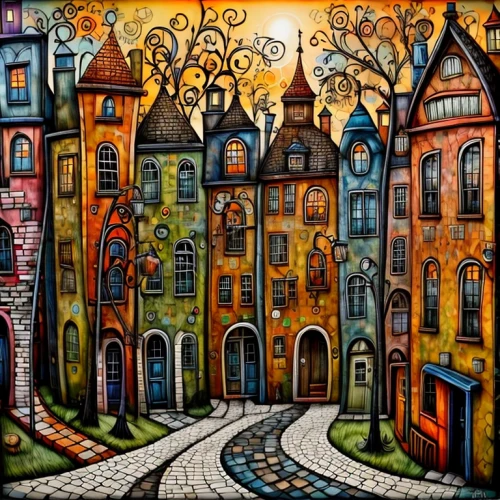 david bates,edinburgh,medieval street,townscape,the cobbled streets,carol colman,colorful city,row houses,medieval town,townhouses,montmartre,town house,folk art,houses clipart,escher village,stirling town,hanging houses,art painting,cobblestones,old city