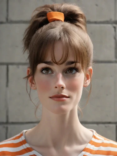 realdoll,orange,retro girl,clementine,bun,pompadour,natural cosmetic,doll's facial features,updo,retro woman,girl portrait,orange color,bouffant,portrait of a girl,female model,orange half,female doll,the girl's face,young woman,cosmetic,Photography,Natural