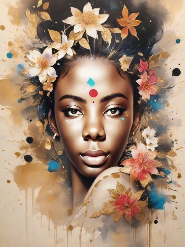 african art,boho art,african woman,flower painting,african american woman,beautiful african american women,digital art,mystical portrait of a girl,world digital painting,african culture,digital artwork,girl in a wreath,oil painting on canvas,flower art,west indian jasmine,sacred lotus,indian girl boy,afro-american,girl in flowers,indian art