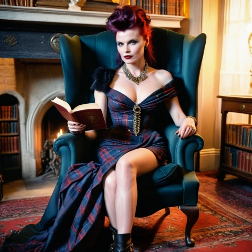 wing chair,rockabilly style,gothic woman,librarian,celtic queen,gothic fashion,gothic portrait,sitting on a chair,tartan,rockabilly,rocking chair,victorian lady,femme fatale,iulia hasdeu castle,gothic dress,velvet elke,victorian style,book,reading,heather winter,Photography,General,Cinematic