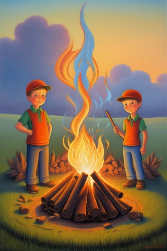 campfire,campfires,fire artist,boy scouts of america,boy scouts,fire wood,kids fire brigade,november fire,camp fire,wood fire,oil painting on canvas,lucus burns,fires,kids illustration,fire extinguishing,the conflagration,firepit,forest fire,fire safety,wildfires,Illustration,Realistic Fantasy,Realistic Fantasy 26