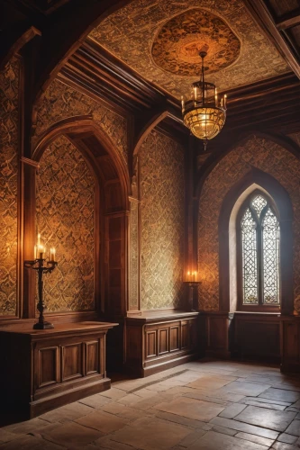 ornate room,hogwarts,fairy tale castle,danish room,hallway,entrance hall,fairytale castle,dark cabinetry,hall of the fallen,ornate,cabinetry,dandelion hall,gold castle,medieval architecture,interiors,interior design,royal interior,billiard room,hallway space,crypt,Photography,General,Realistic