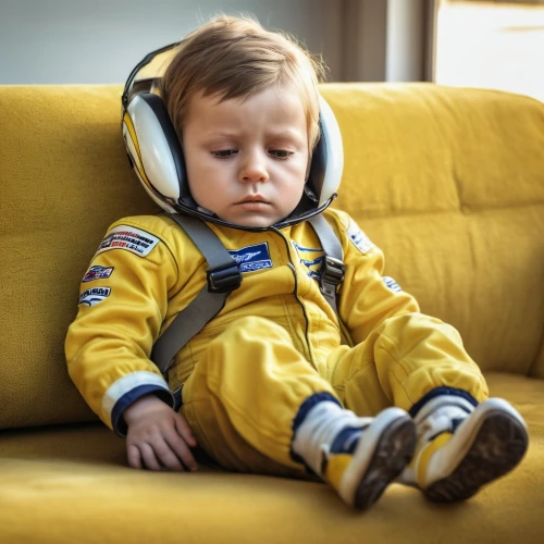 listening to music,airplane passenger,baby safety,baby in car seat,travel pillow,astronaut suit,handsfree,yellow jumpsuit,respiratory protection,diabetes in infant,oxygen mask,passenger,airpod,astronaut helmet,casque,do not disturb,please do not disturb,cosmonaut,race car driver,child is sitting,Photography,General,Realistic