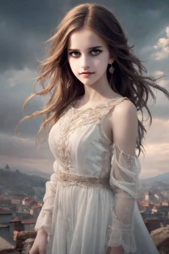 mystical portrait of a girl,jessamine,fairy tale character,white rose snow queen,little girl in wind,fantasy picture,girl in a long dress,celtic woman,faery,the girl in nightie,digital compositing,fantasy portrait,gothic portrait,white lady,celtic queen,fantasy art,heroic fantasy,the night of kupala,fairy queen,image manipulation,Photography,Realistic