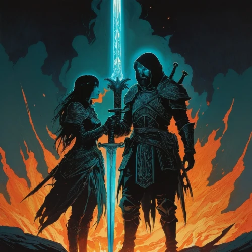 heroic fantasy,games of light,warrior and orc,the white torch,swords,burning torch,protectors,torch-bearer,dragon slayer,torchlight,witcher,king sword,swordsmen,torch,cg artwork,guards of the canyon,sword,a3 poster,thermal lance,book cover,Illustration,Paper based,Paper Based 19
