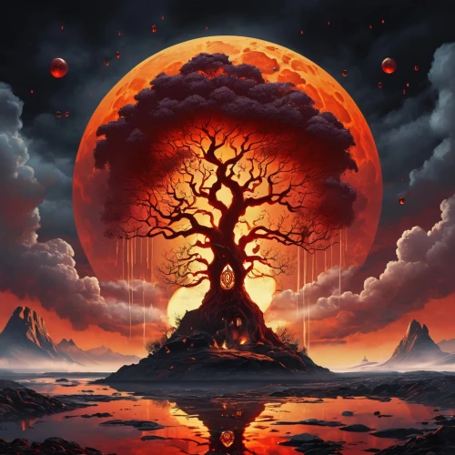 tree of life,burning tree trunk,tangerine tree,volcanic,burning bush,red tree,volcano,scorched earth,blood moon,red sun,blood moon eclipse,colorful tree of life,sacred fig,volcanic field,lava,magic tree,volcanic landscape,burnt tree,dragon tree,orange tree,Photography,General,Realistic