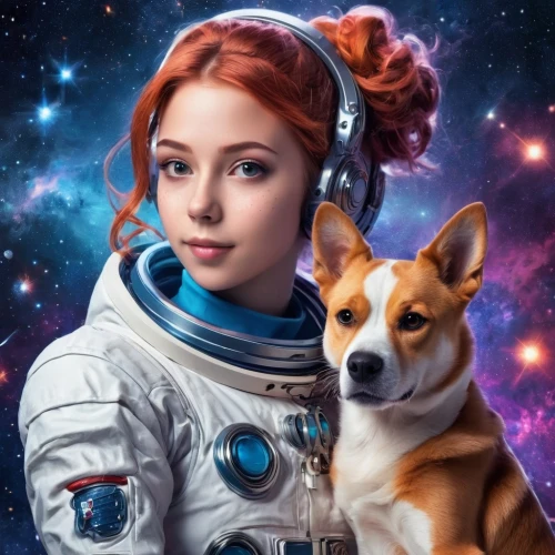 girl with dog,dogecoin,astro,andromeda,astronaut,astronautics,space art,orion,companion dog,cosmonaut,lindsey stirling,sci fiction illustration,astropeiler,juno,maci,sulimov dog,laika,lost in space,luna,spacefill,Conceptual Art,Sci-Fi,Sci-Fi 30